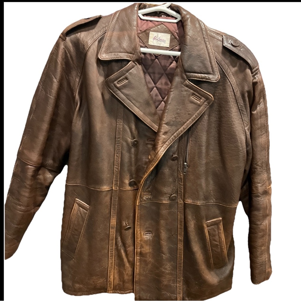 Adam Spencer Brown Leather Jacket Bomber Button Lined Trench Mens 42 Pockets 46”